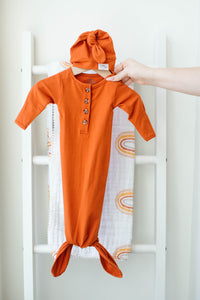 Baby Organic Knotted Gown + Top Knot Hat - Rust